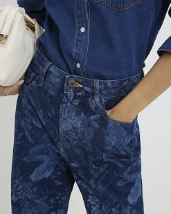 Blue Relaxed Straight Floral Print Jeans