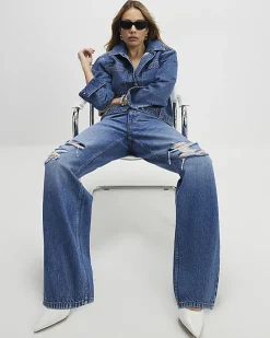 Blue Relaxed Straight Ripped Jeans