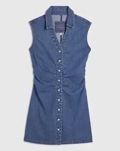 Blue Ruched Front Denim Mini Dress