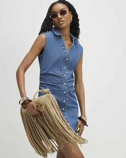 Blue Ruched Front Denim Mini Dress