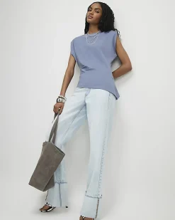 Blue Ruched Side Grown On Sleeve T-shirt