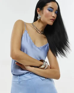 Blue Satin Scallop Trim Cami Top