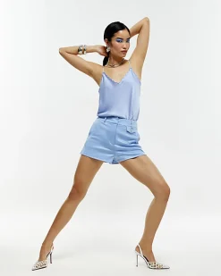 Blue Satin Scallop Trim Cami Top
