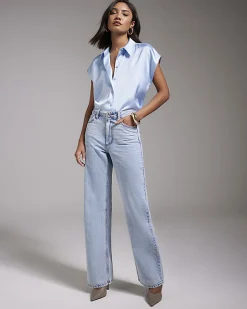Blue Satin Short Sleeve Blouse