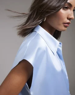 Blue Satin Short Sleeve Blouse