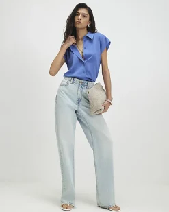 Blue Satin Short Sleeve Shirt