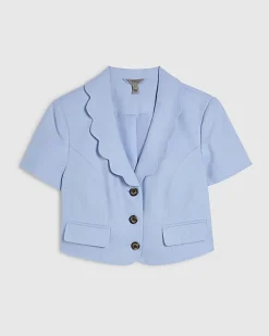 Blue Scallop Trim Linen Blend Cropped Jacket