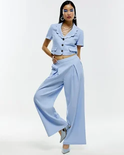 Blue Scallop Trim Linen Blend Cropped Jacket
