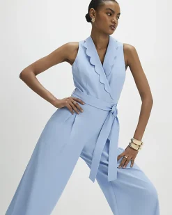 Blue Scallop Trim Linen Blend Jumpsuit