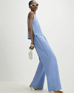Blue Scallop Trim Wide Leg Trousers