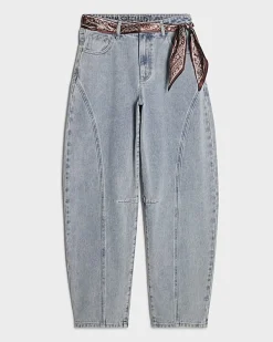 Blue Scarf Detail Seamed Barrel Leg Jeans