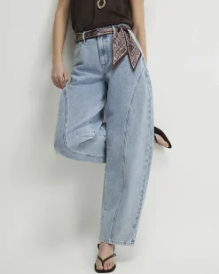 Blue Scarf Detail Seamed Barrel Leg Jeans