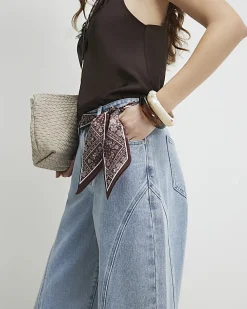 Blue Scarf Detail Seamed Barrel Leg Jeans