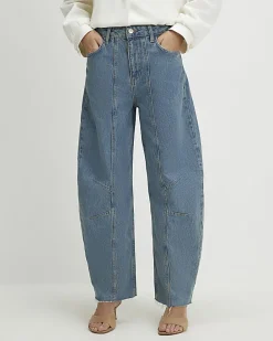 Blue Seamed Raw Hem Barrel Leg Jeans