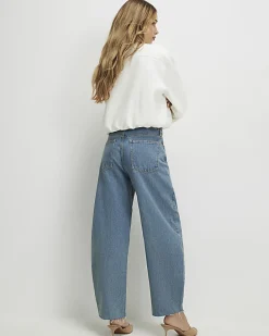 Blue Seamed Raw Hem Barrel Leg Jeans