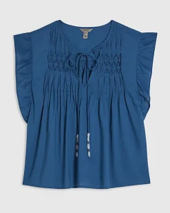 Blue Shirred Tie Neck Top