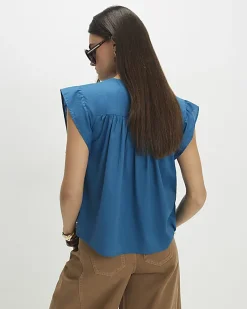 Blue Shirred Tie Neck Top