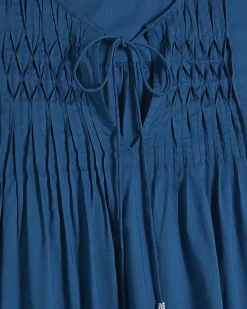 Blue Shirred Tie Neck Top