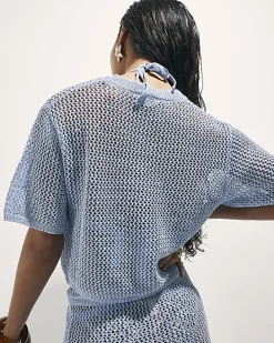 Blue Short Sleeve Knit Beach Top