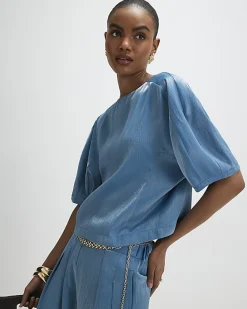 Blue Short Sleeve Shimmer Tailored Top