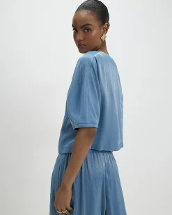 Blue Short Sleeve Shimmer Tailored Top