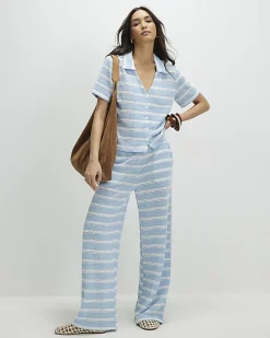 Blue Short Sleeve Striped crochet Shirt