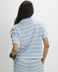 Blue Short Sleeve Striped crochet Shirt