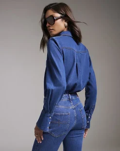 Blue Shoulder Pad Denim Bodysuit