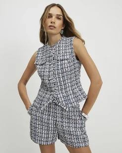 Blue Sleeveless Boucle Fringed Waistcoat