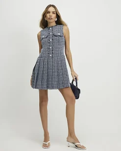Blue Sleeveless Boucle Pleated Hem Mini Dress