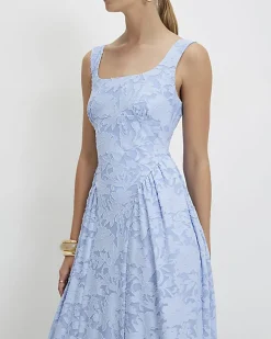 Blue Sleeveless Devore Burnout Midi Dress