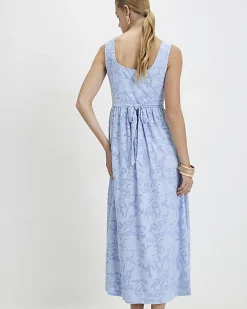 Blue Sleeveless Devore Burnout Midi Dress