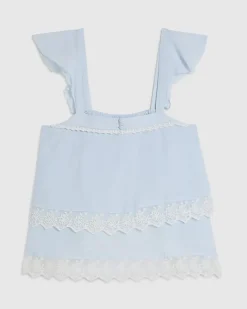 Blue Sleeveless Lace Trim Tiered Cami Top