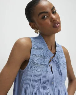Blue Sleeveless Lace Yoke Front Blouse