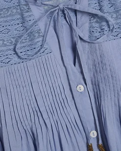Blue Sleeveless Lace Yoke Front Blouse