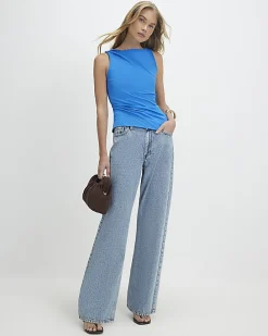 Blue Sleeveless Slash Neck Top