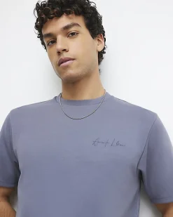 Blue Slim Fit Embroidered Crew Neck T-shirt