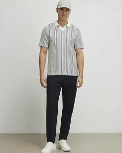 Blue Slim Fit Stripe Open Neck Polo Shirt