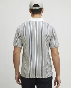 Blue Slim Fit Stripe Open Neck Polo Shirt