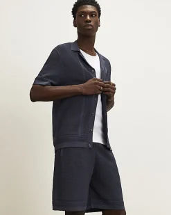 Blue Slim Fit Textured Knitted Shorts