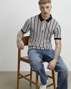 Blue Slim Fit Zip Neck Stripe Polo Shirt