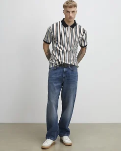 Blue Slim Fit Zip Neck Stripe Polo Shirt