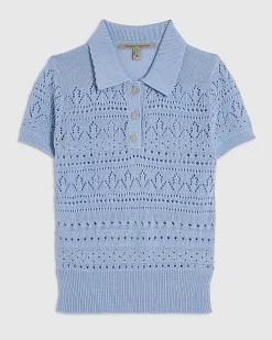 Blue Stitched Knit Polo Top