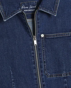 Blue Stretch Denim Straight Leg Jumpsuit