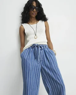 Blue Stripe Wide Leg Paperbag Jeans