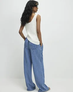 Blue Stripe Wide Leg Paperbag Jeans