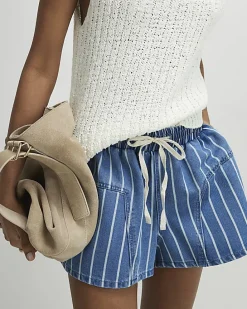 Blue Striped Denim Shorts
