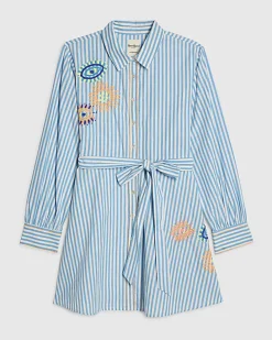 Blue Striped Embroidered Shirt Mini Dress