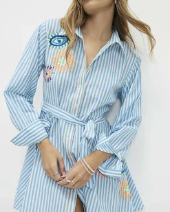Blue Striped Embroidered Shirt Mini Dress