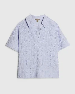 Blue Striped Flower Embroidery Polo Shirt